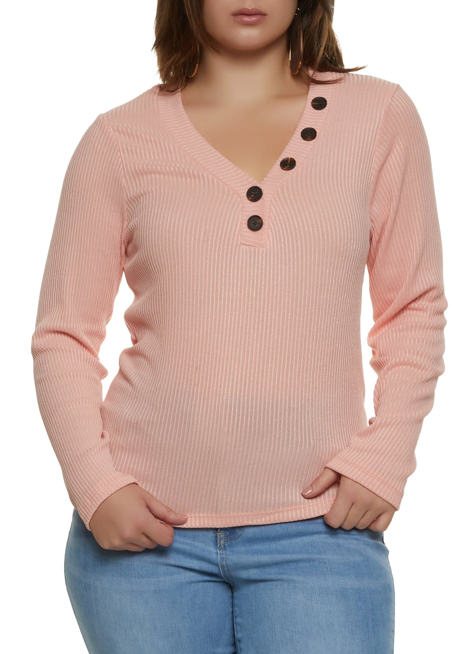 Plus Size Faux Button V Neck Top