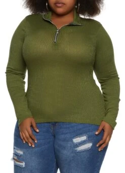 Plus Size Ribbed Knit Half Zip Top