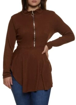 Plus Size Half Zip Hanky Hem Top