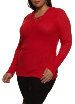 Plus Size Waffle Knit Lace Up Hooded Top