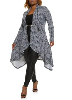 Plus Size Plaid Chain Button High Low Blazer