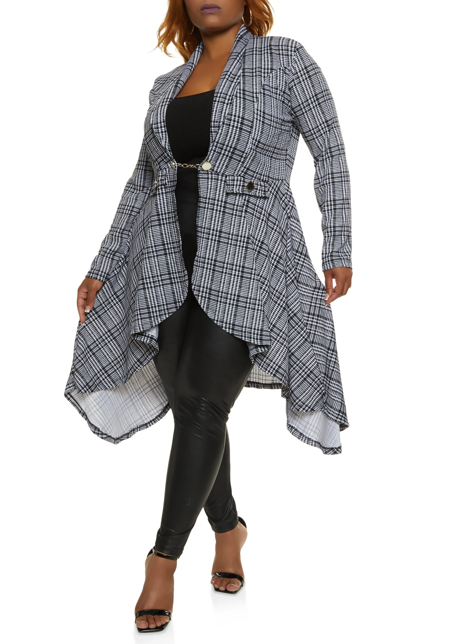 Plus Size Plaid Chain Button High Low Blazer