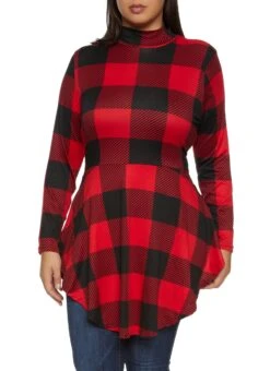 Plus Size Buffalo Plaid Mock Neck Peplum Top