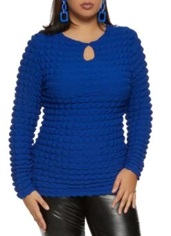 Plus Size Bubble Knit Keyhole Long Sleeve Top