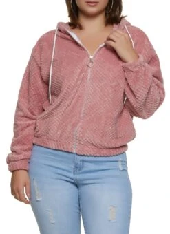 Plus Size Faux Fur Zip Front Hoodie