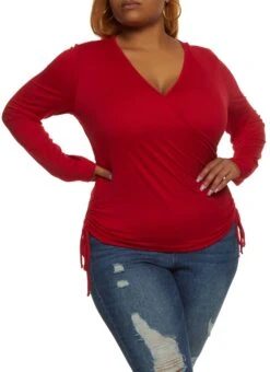 Ambiance Plus Size Faux Wrap Ruched Side Top