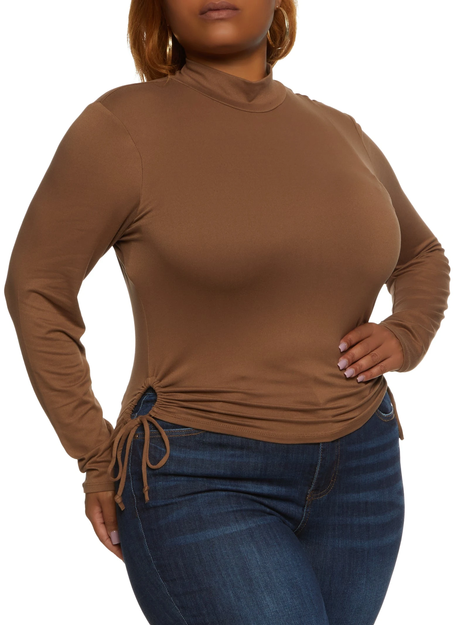 Ambiance Plus Size Mock Neck Side Tie Long Sleeve Top