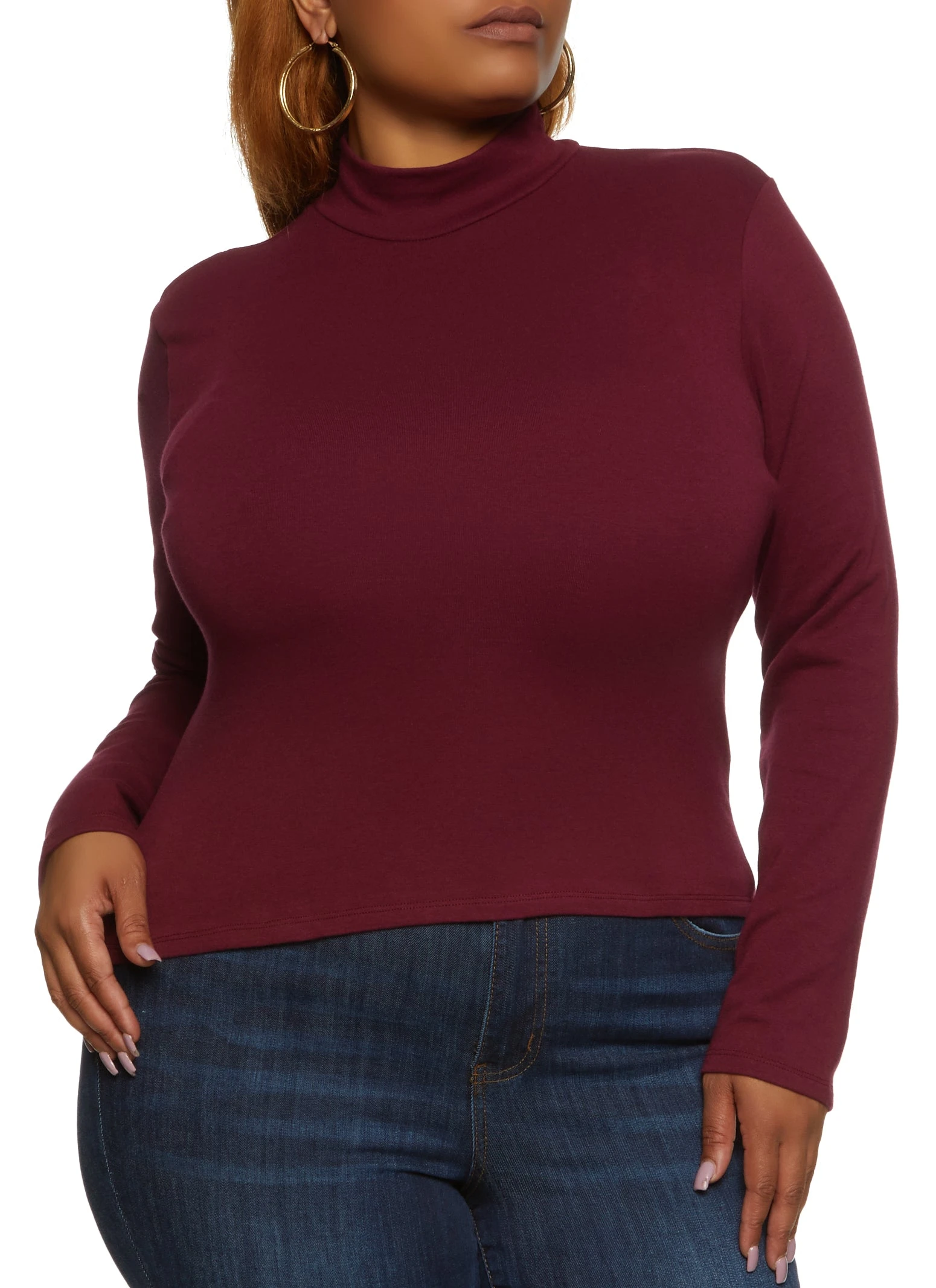 Plus Size Solid Mock Neck Long Sleeve Tee