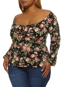 Ambiance Plus Size Floral Print Off The Shoulder Peasant Top