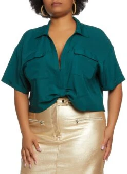Plus Size Crepe Knit Twist Front Pocket Shirt