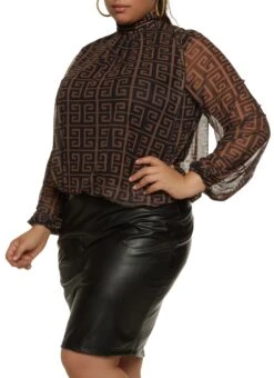 Printed Mesh Mock Neck Puff Sleeve Blouse