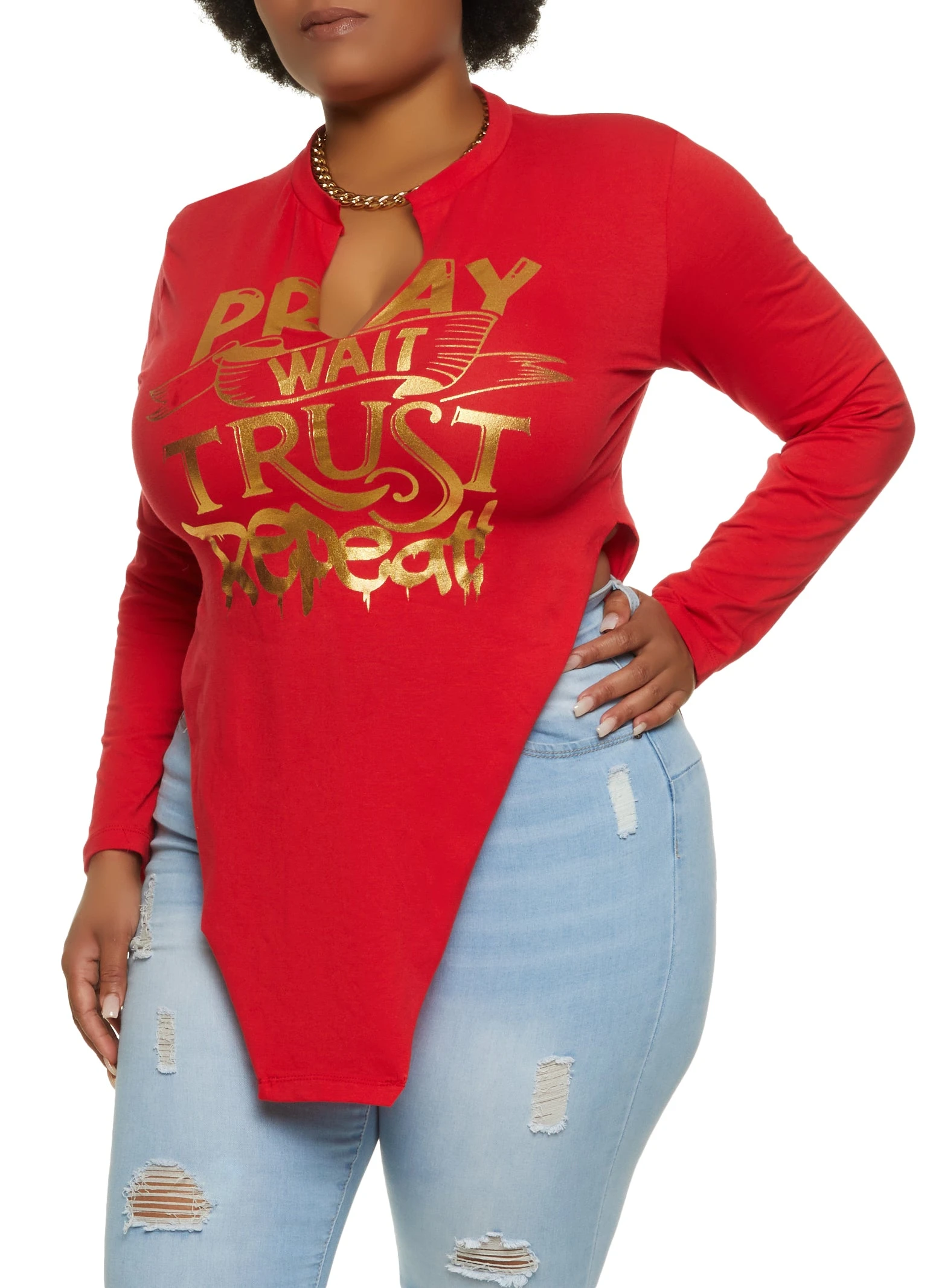 Plus Size Foil Pray Wait Trust Repeat Hanky Hem Tee