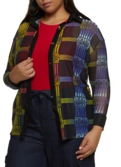 Plus Size Mesh Greek Key Button Front Shirt