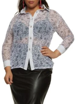 Plus Size Mesh Abstract Face Print Shirt