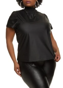 Plus Size Faux Leather Smocked Neck Top