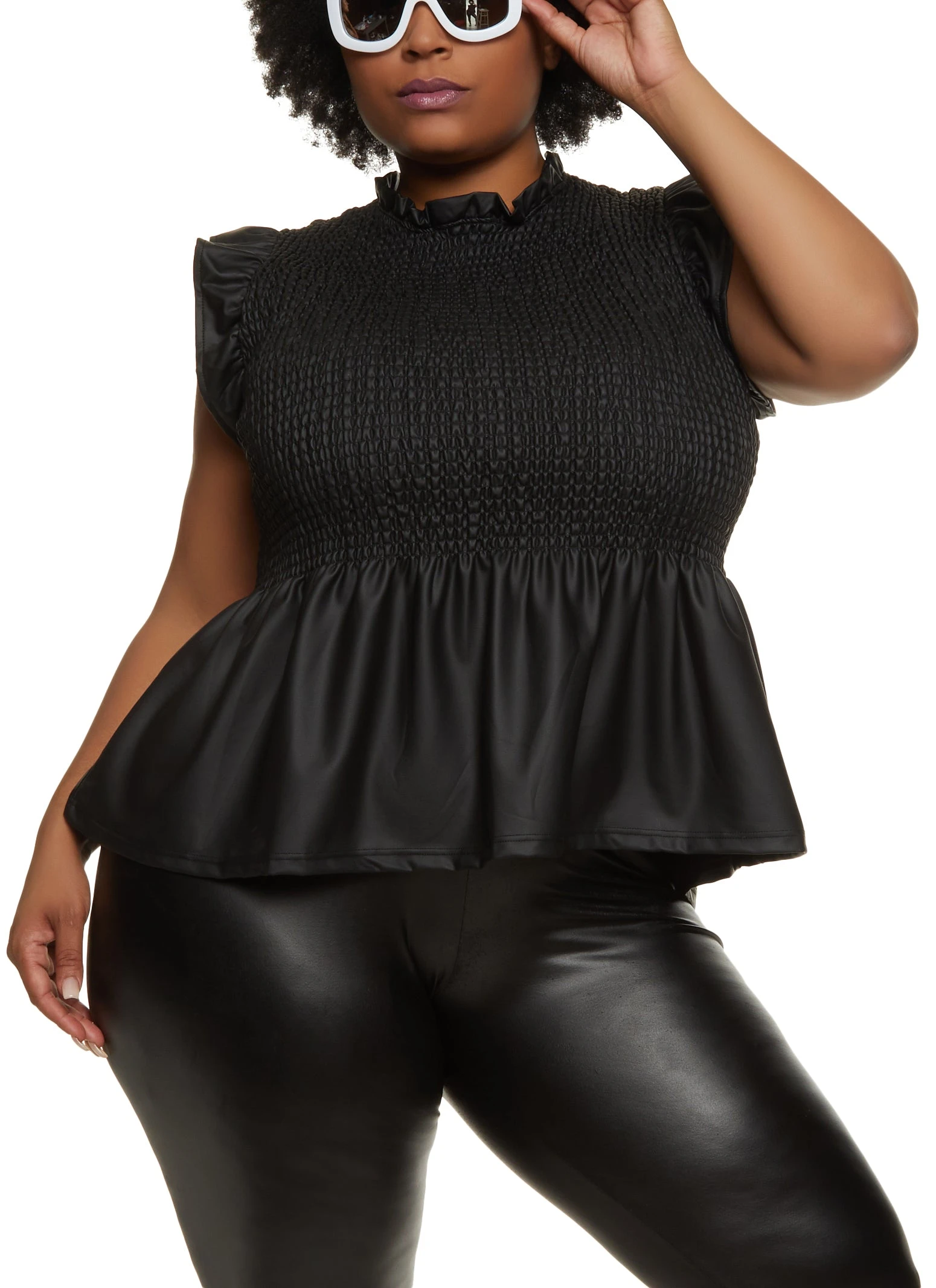 Plus Size Faux Leather Smocked Peplum Top
