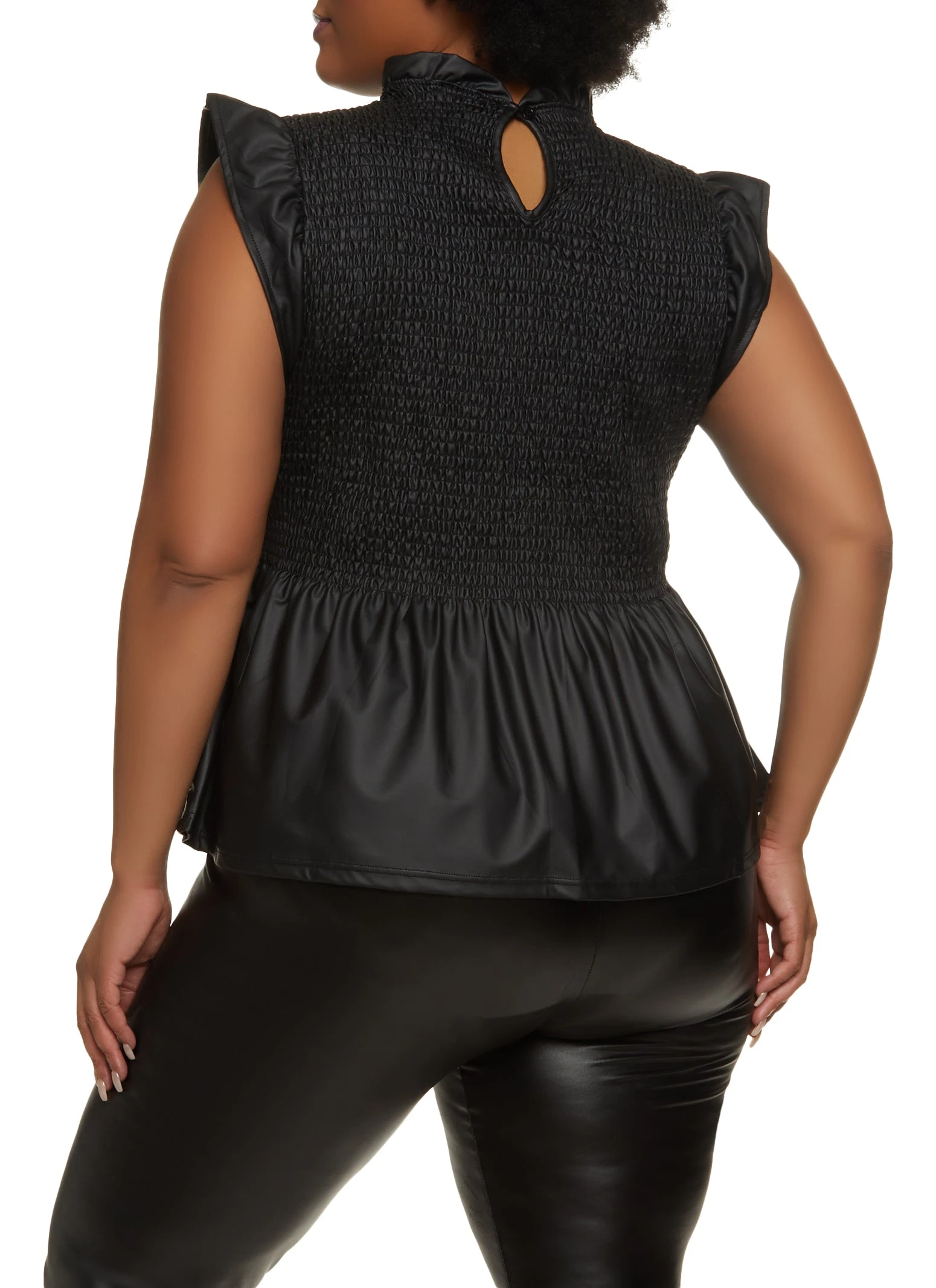 Plus Size Faux Leather Smocked Peplum Top - Image 2