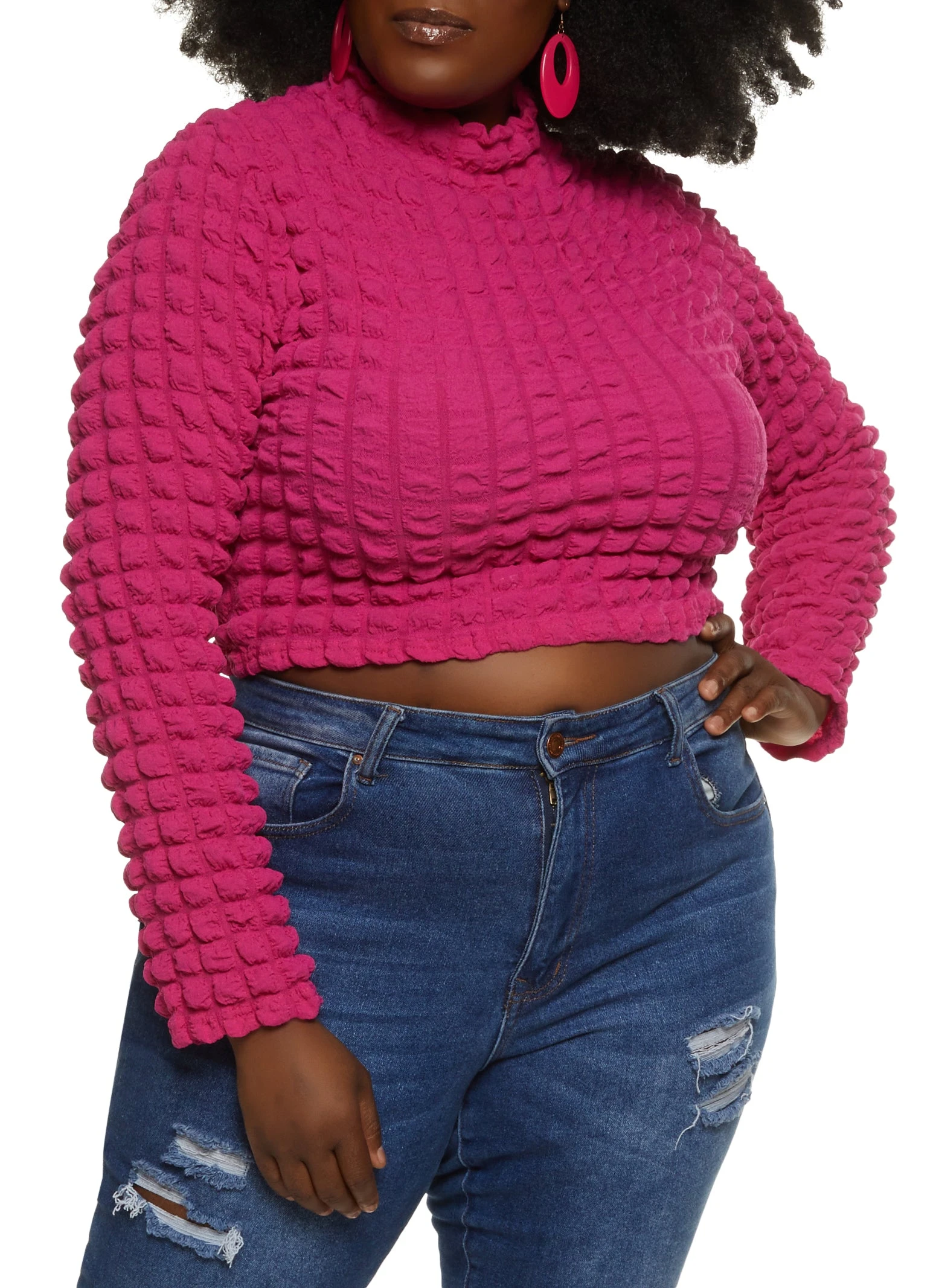 Plus Size Bubble Knit Mock Neck Long Sleeve Crop Top