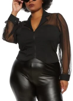 Plus Size Mesh Notch Collar Zip Front Top