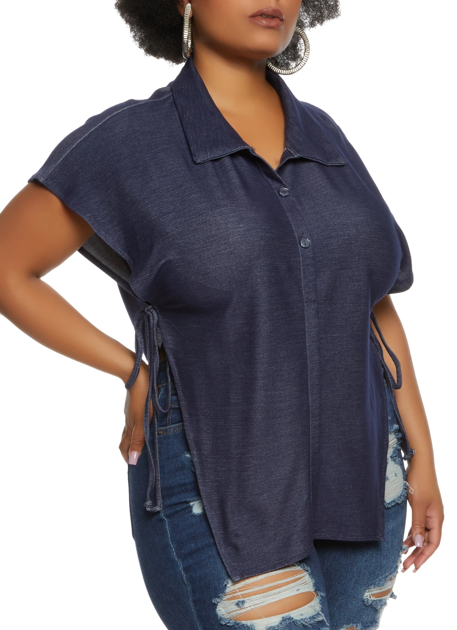 Plus Size Denim Knit Open Side Tie Shirt