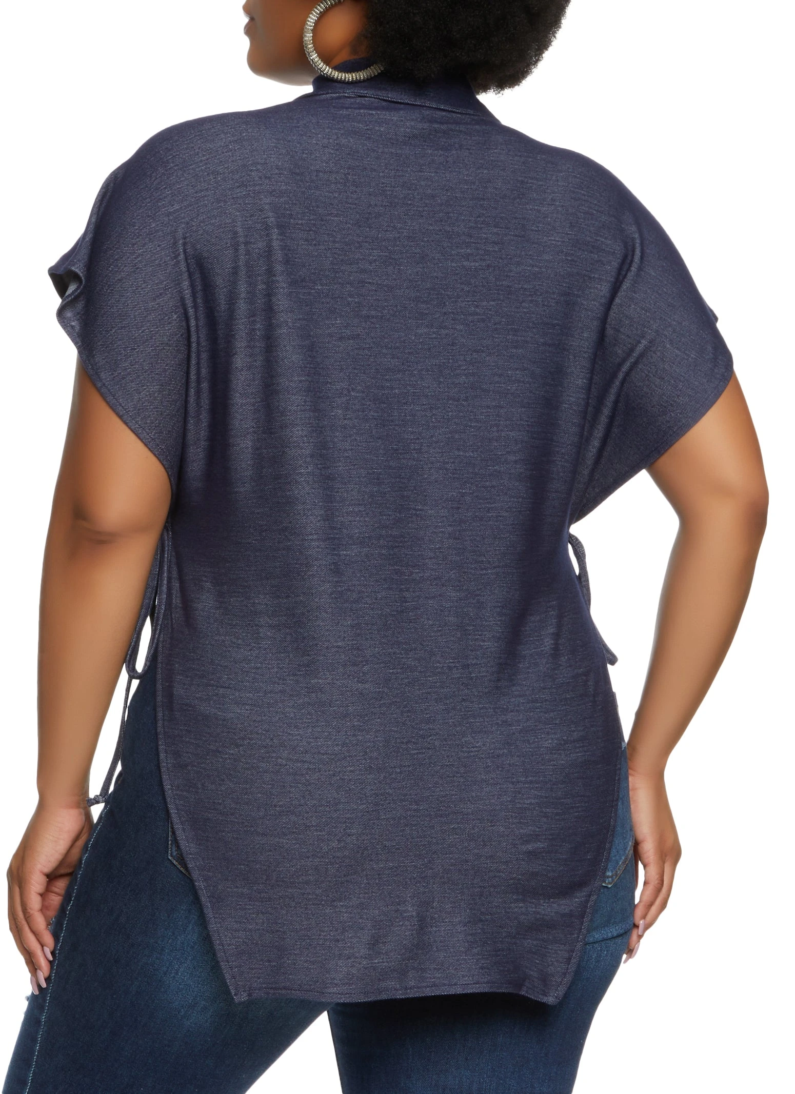 Plus Size Denim Knit Open Side Tie Shirt - Image 2