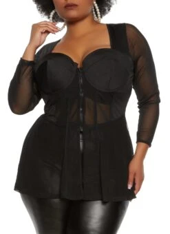 Plus Size Mesh Long Sleeve Zip Front Top
