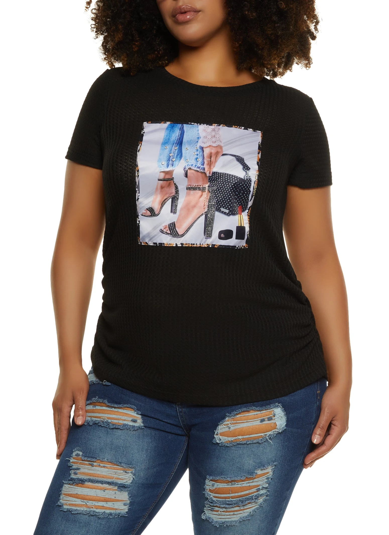 Plus Size Rhinestone Heel Patch Graphic Tee