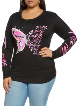 Plus Size Long Sleeve Ruched Faith Graphic Tee
