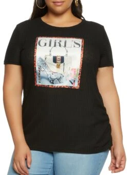 Plus Size Waffle Knit Studded Graphic Patch Top
