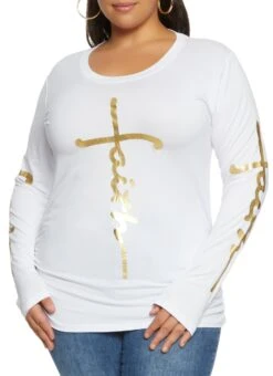 Plus Size Faith Foil Screen Long Sleeve Top
