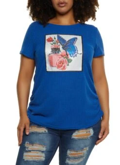 Plus Size Rhinestone Butterfly Patch Graphic Tee