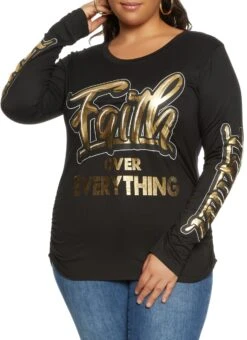 Plus Size Faith Over Everything Foil Screen Long Sleeve Tee