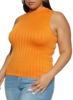Plus Size Seamless Ribbed Knit Mock Neck Tank Top