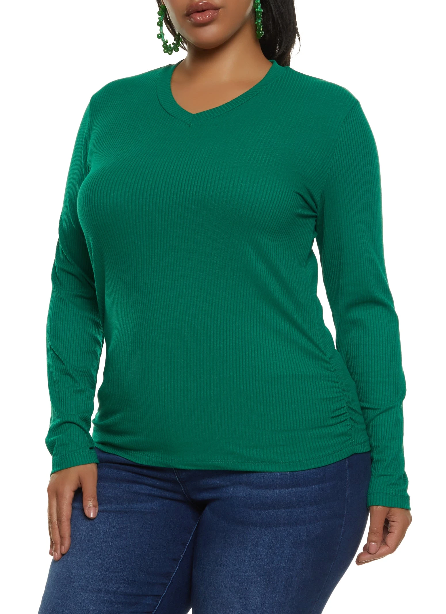Plus Size Ribbed V Neck Ruched Side Tee