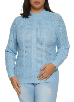 Plus Size Solid Cable Knit Pullover Sweater