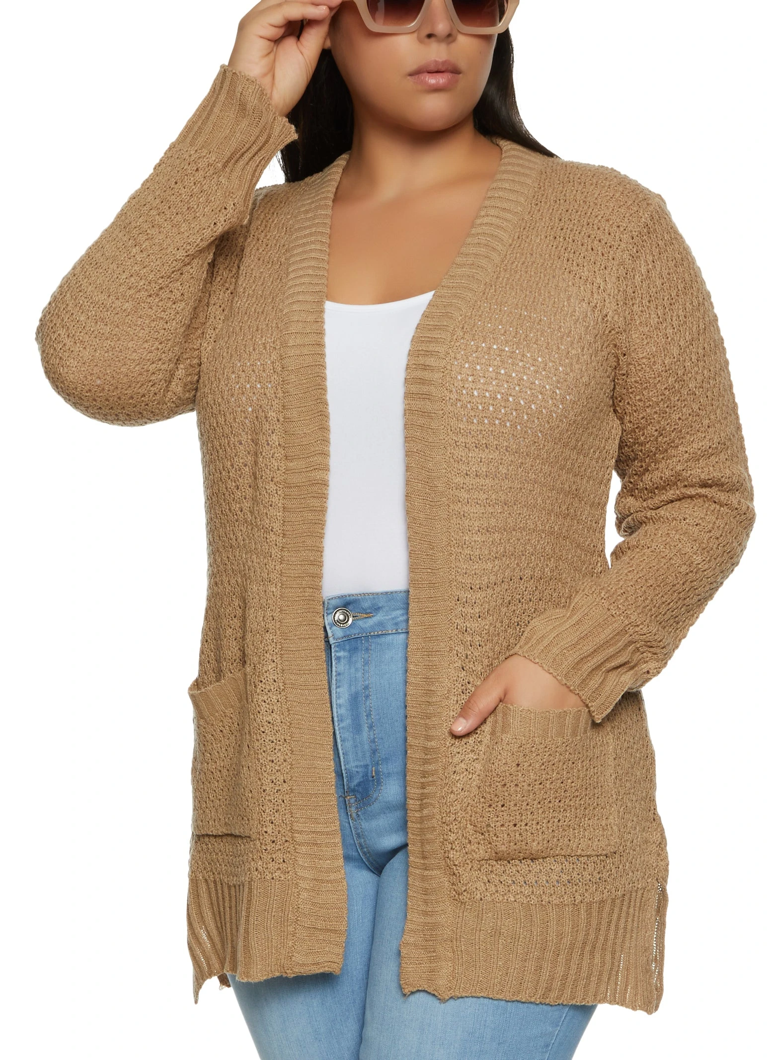 Plus Size Pointelle Knit Open Front Cardigan