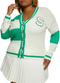 Plus Size S Initial Chenille Patch Button Front Cardigan