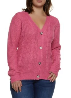 Plus Size Cable Knit Button Front Cardigan