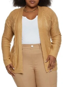 Plus Size Cable Knit Open Cardigan