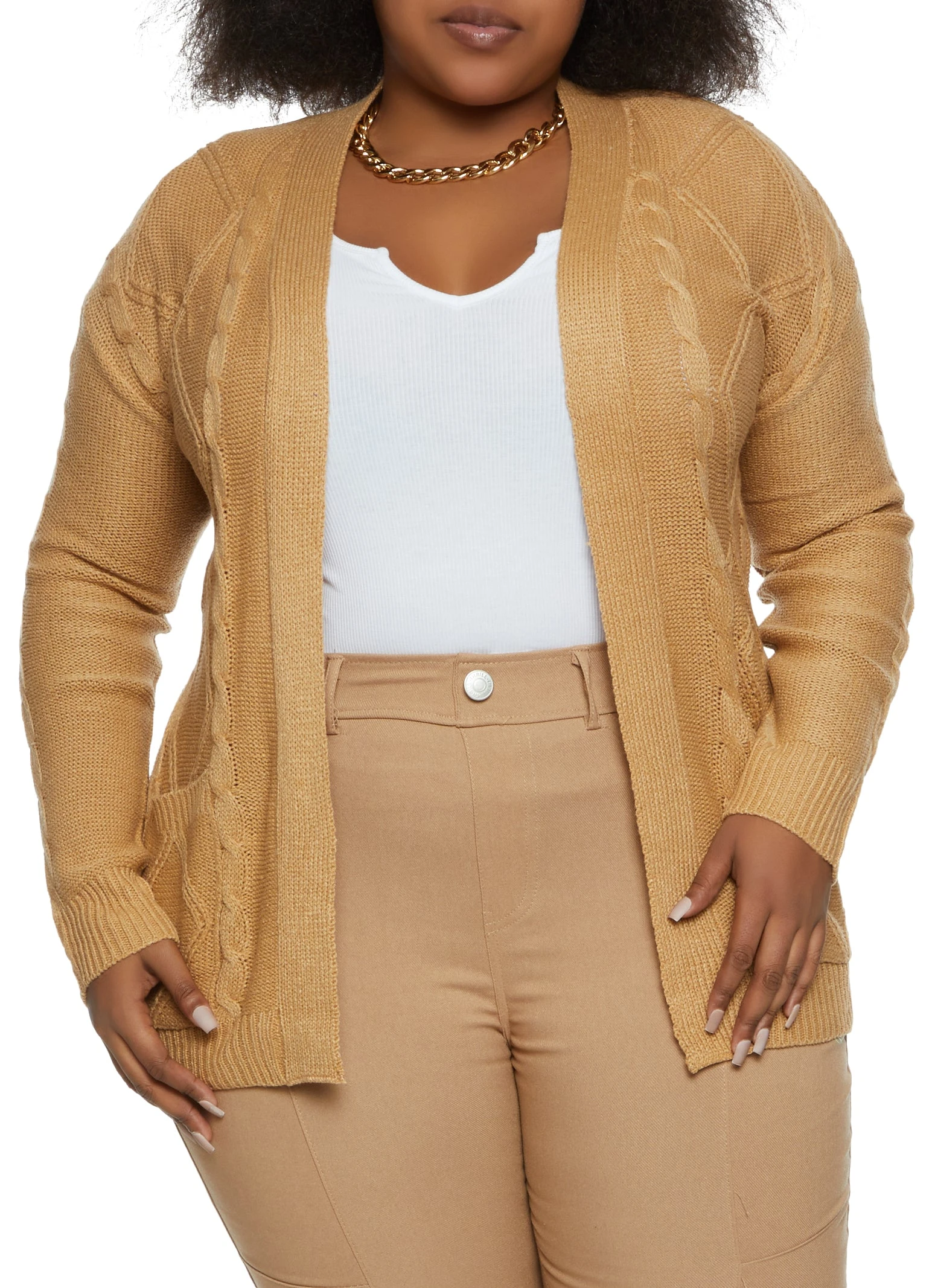 Plus Size Cable Knit Open Cardigan