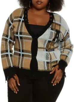 Plus Size Distressed Plaid Button Front Cardigan
