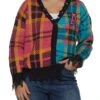Plus Size Plaid Patch Distressed Cardigan