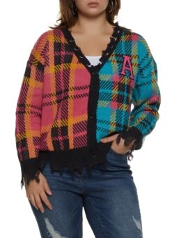 Plus Size Plaid Patch Distressed Cardigan
