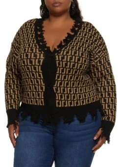 Plus Size Geometric Print Distressed Hem Cardigan