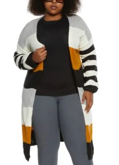 Plus Size Color Block Striped Duster