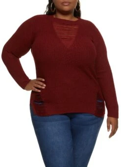 Plus Size Distressed Detail Pullover Sweater