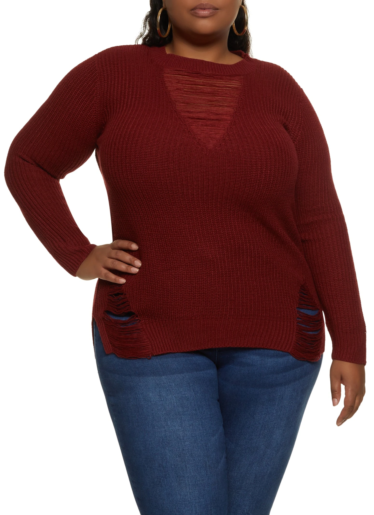 Plus Size Distressed Detail Pullover Sweater