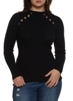 Plus Size Mock Neck Faux Button Sweater