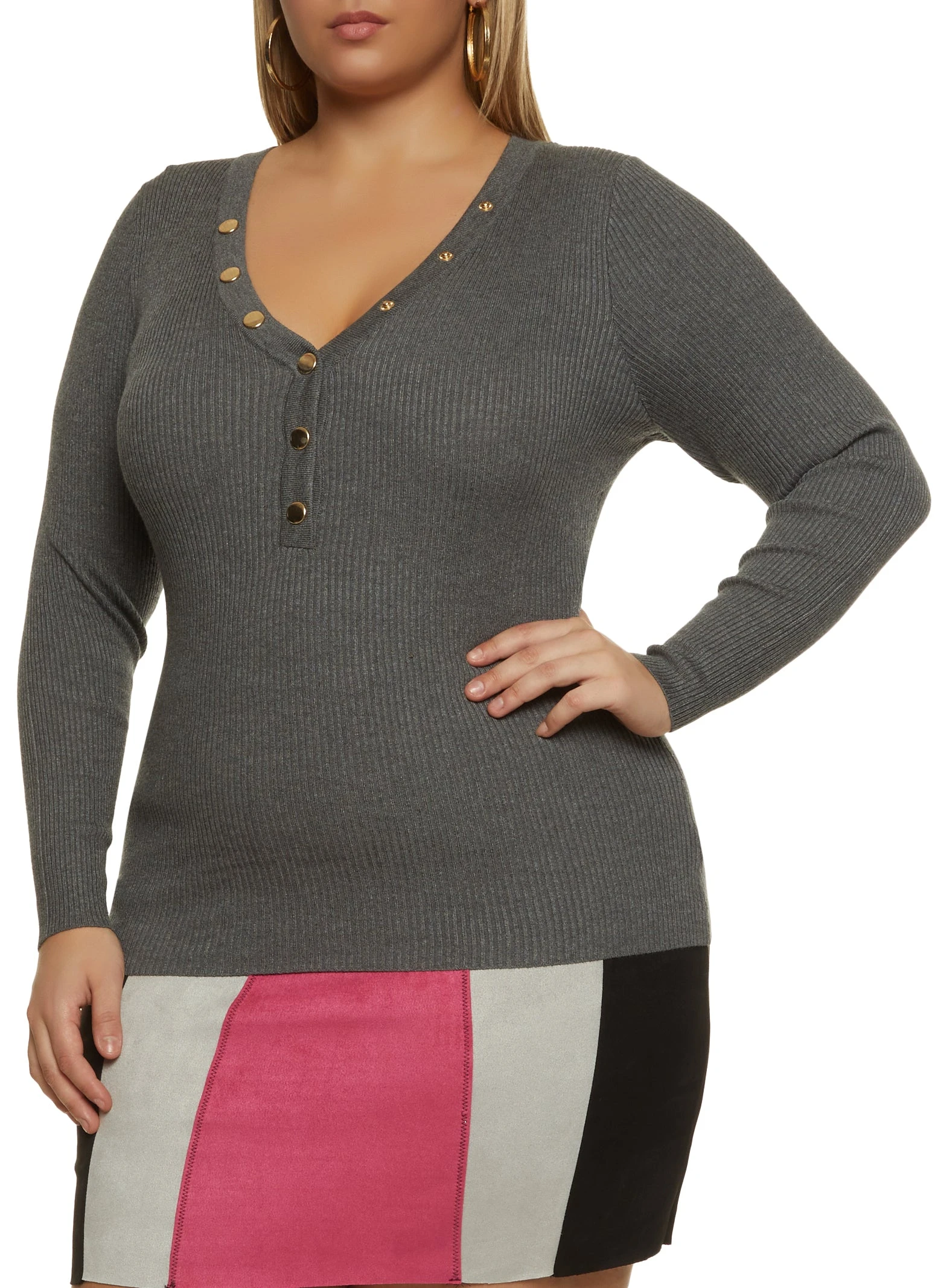 Plus Size Snap Button Ribbed Knit Sweater