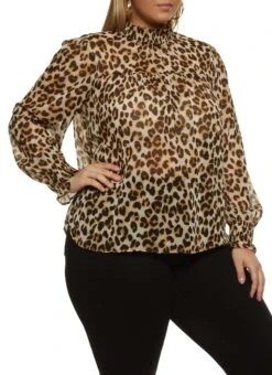 Plus Size Leopard Print Mock Neck Blouse